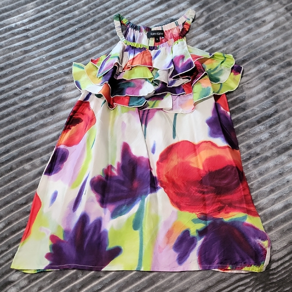 Karen Kane Purple and Red Floral Blouse with Artistic Neckline